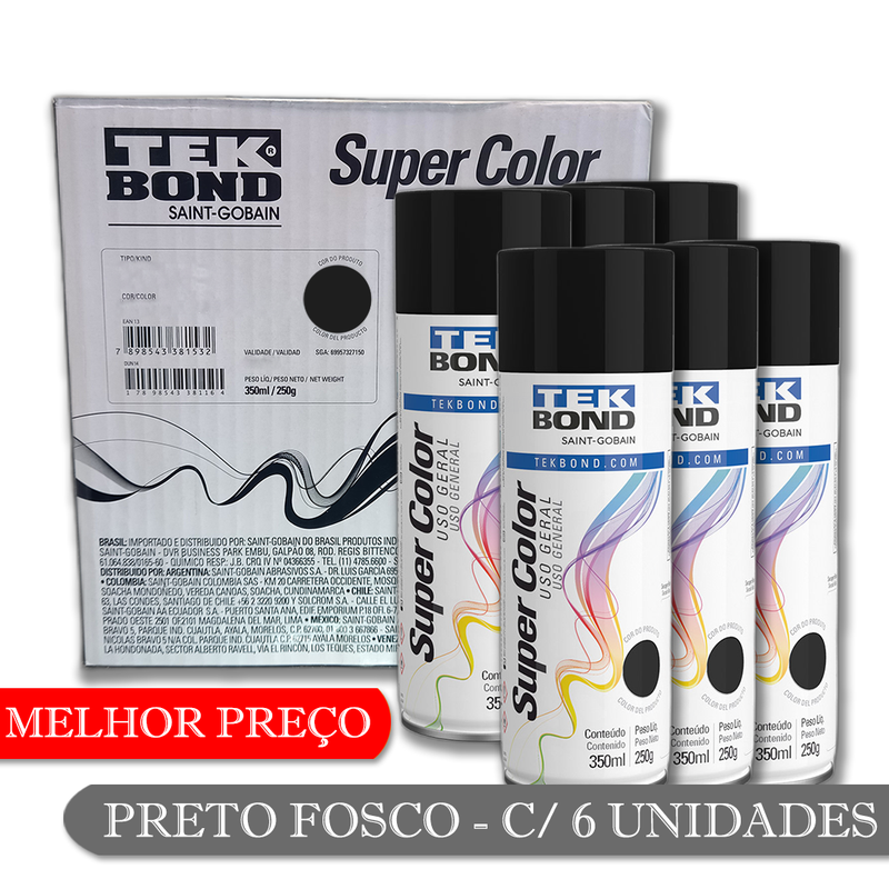 01 kit com 6 tintas spray uso geral preto fosco 350ml tekbond